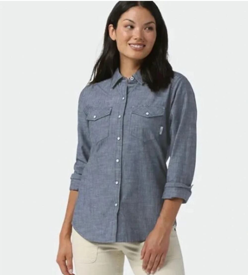 Stio Ashton Chambray Western Pearl Snap Shirt Medium Organic Cotton Cowgirl